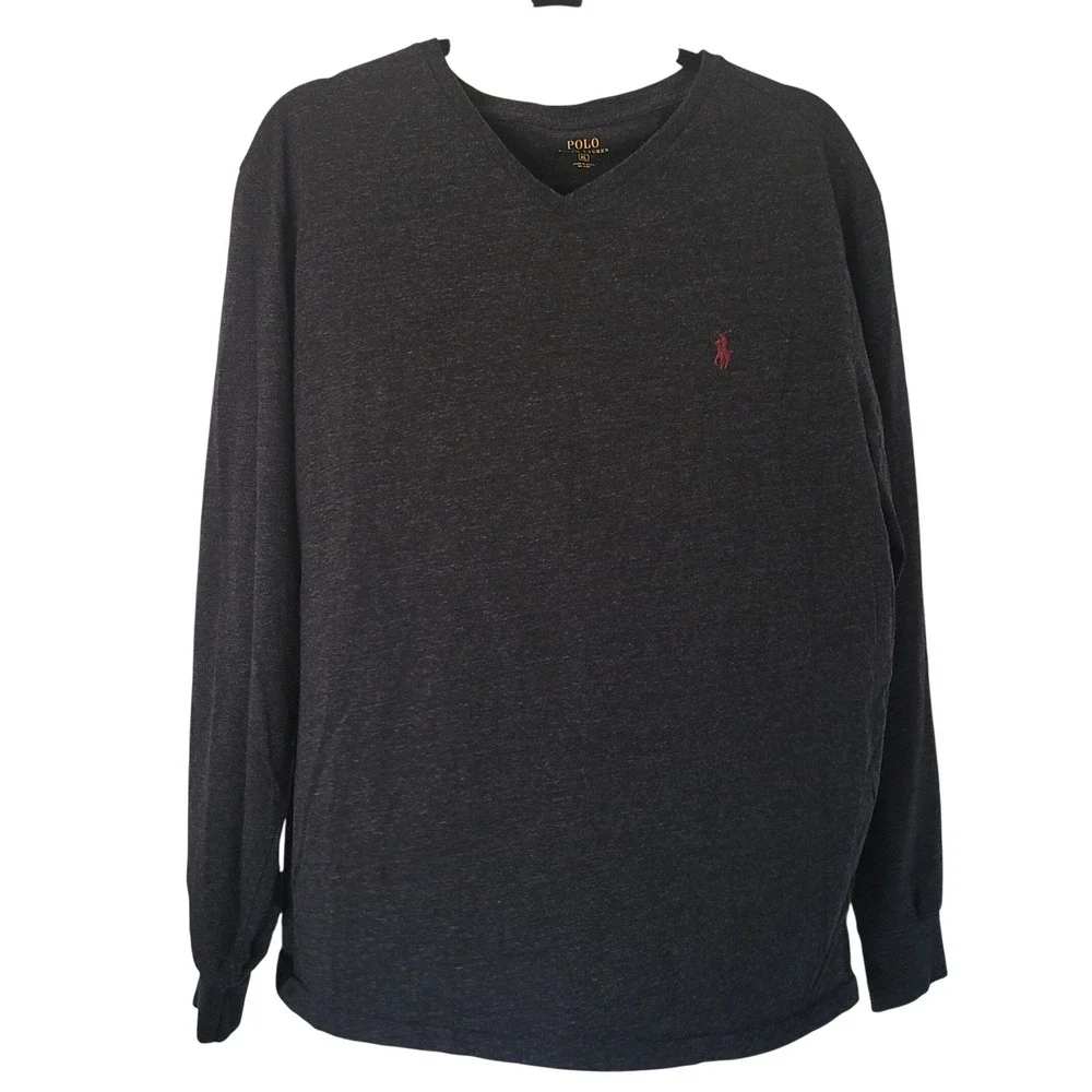 Polo Ralph Lauren T-Shirt Mens XL Gray V-Neck Long‎ Sleeve Cotton Pony Logo